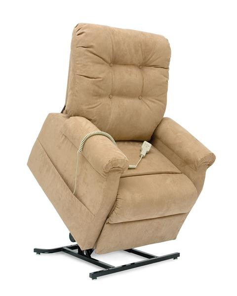 C101 Adjustable Electric Lift Chair by Pride Mobility in light fabric.