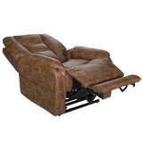 Mercer Dual Motor Lift Chair with Headrest and Lumbar Adjust in Brown Leather, reclining position.