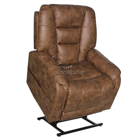 Mercer Dual Motor Lift Chair with Headrest and Lumbar Adjust in Brown Leather.